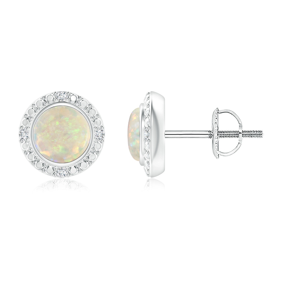 5mm AAA Bezel-Set Round Opal Earrings with Beaded Halo in White Gold 