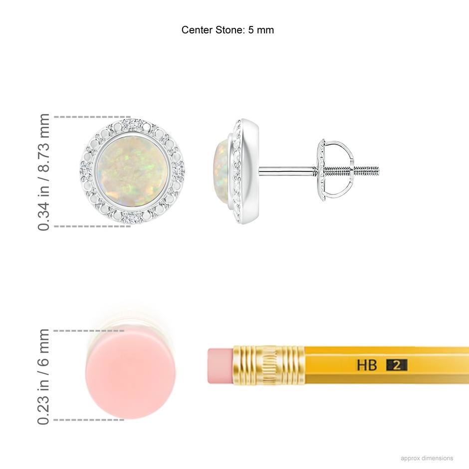 5mm AAA Bezel-Set Round Opal Earrings with Beaded Halo in White Gold ruler