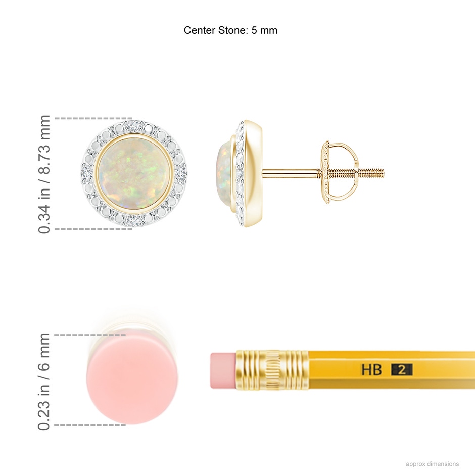 5mm AAA Bezel-Set Round Opal Earrings with Beaded Halo in Yellow Gold ruler