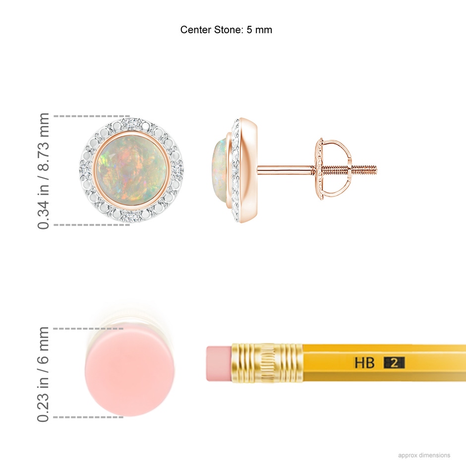 5mm AAAA Bezel-Set Round Opal Earrings with Beaded Halo in Rose Gold ruler