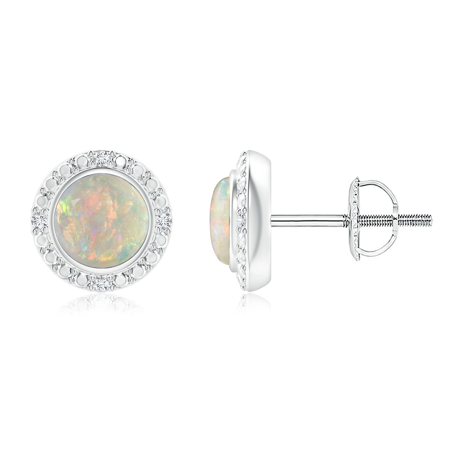 5mm AAAA Bezel-Set Round Opal Earrings with Beaded Halo in White Gold 