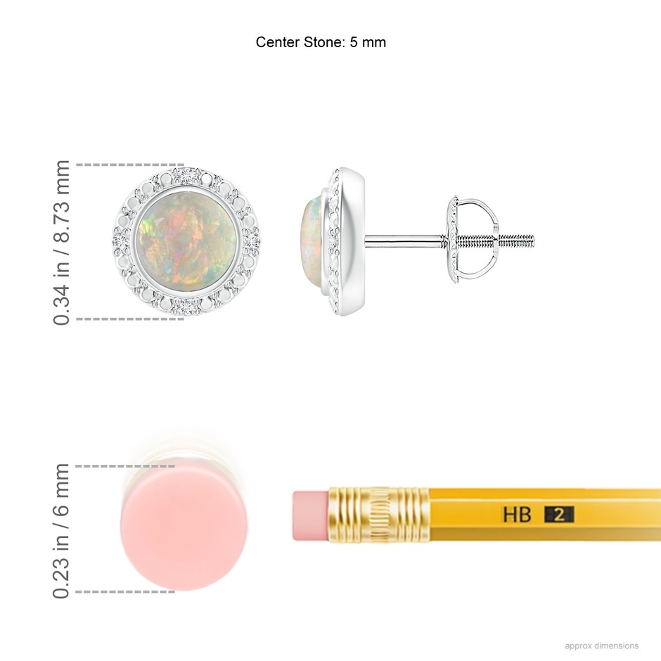 5mm AAAA Bezel-Set Round Opal Earrings with Beaded Halo in White Gold ruler