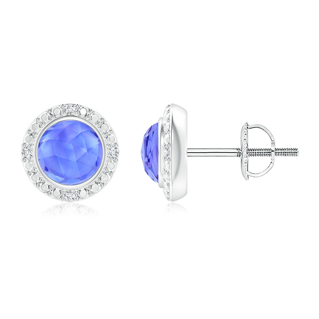 5mm AAA Bezel-Set Round Tanzanite Earrings with Beaded Halo in White Gold