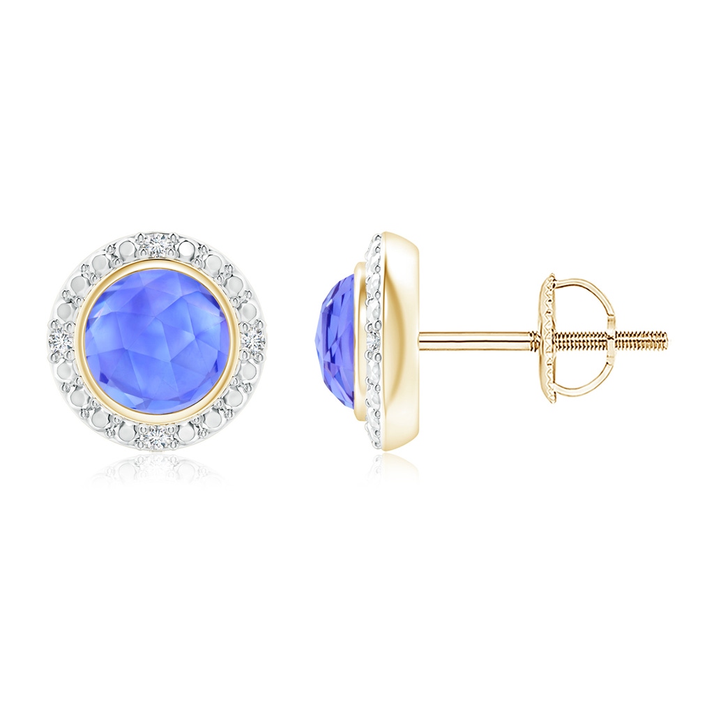 5mm AAA Bezel-Set Round Tanzanite Earrings with Beaded Halo in Yellow Gold