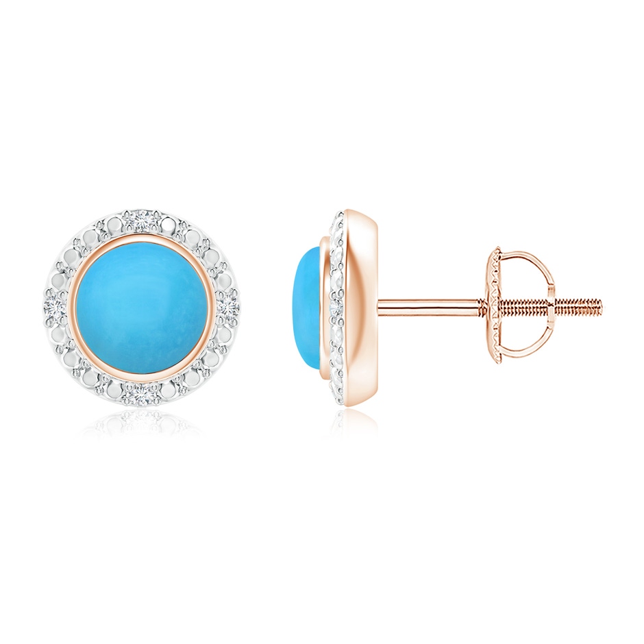 5mm AAA Bezel-Set Round Turquoise Earrings with Beaded Halo in Rose Gold 