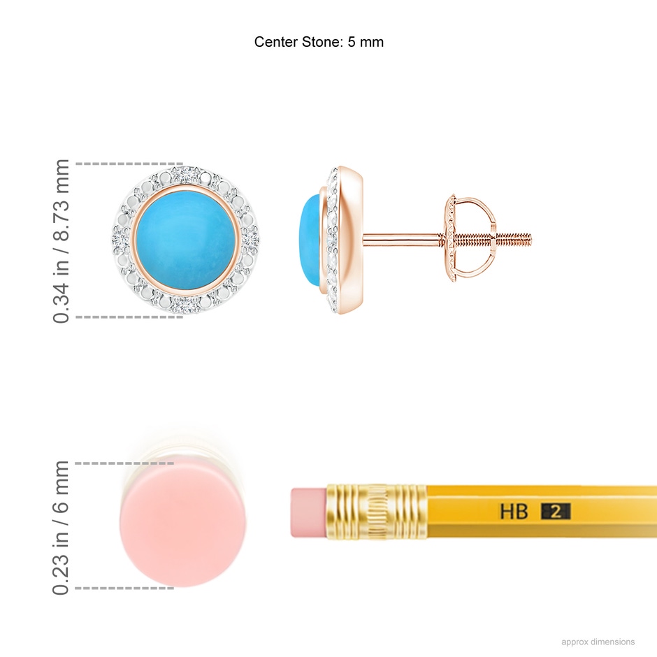 5mm AAA Bezel-Set Round Turquoise Earrings with Beaded Halo in Rose Gold ruler