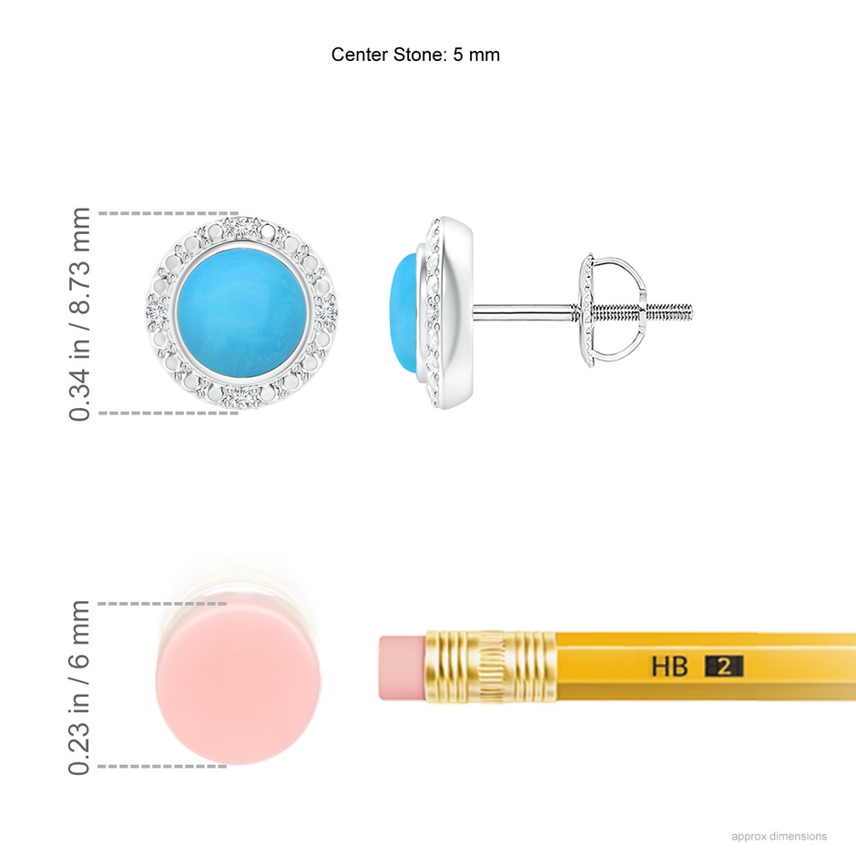 5mm AAA Bezel-Set Round Turquoise Earrings with Beaded Halo in White Gold ruler