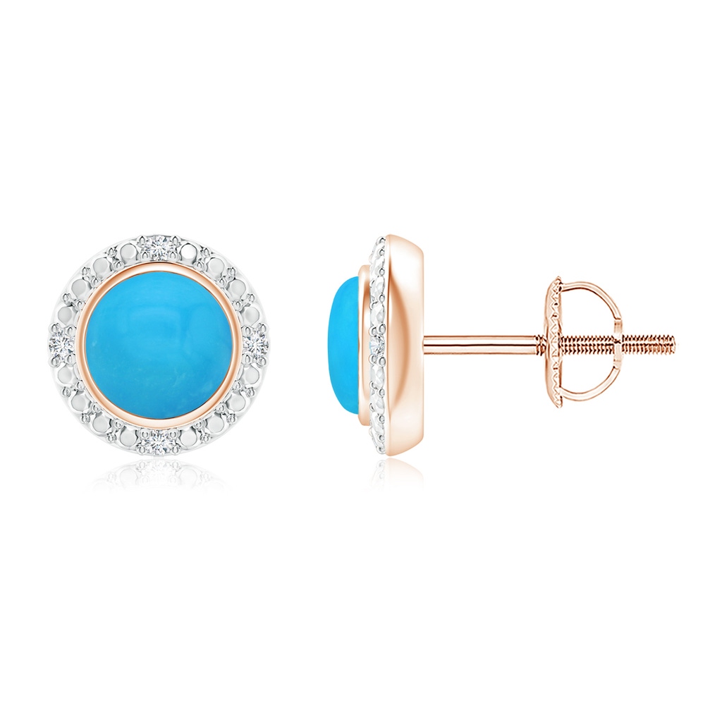 5mm AAAA Bezel-Set Round Turquoise Earrings with Beaded Halo in Rose Gold
