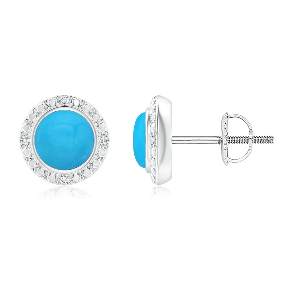 5mm AAAA Bezel-Set Round Turquoise Earrings with Beaded Halo in White Gold 