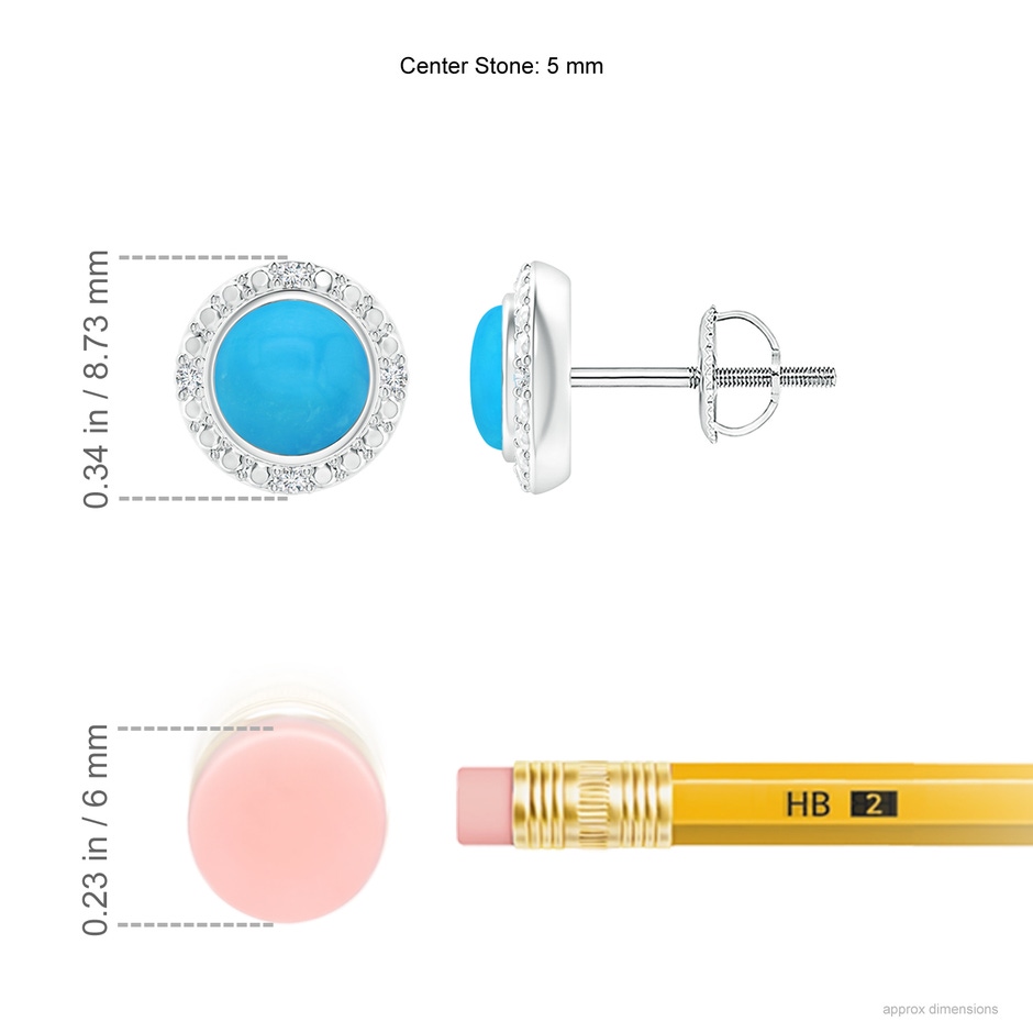 5mm AAAA Bezel-Set Round Turquoise Earrings with Beaded Halo in White Gold ruler