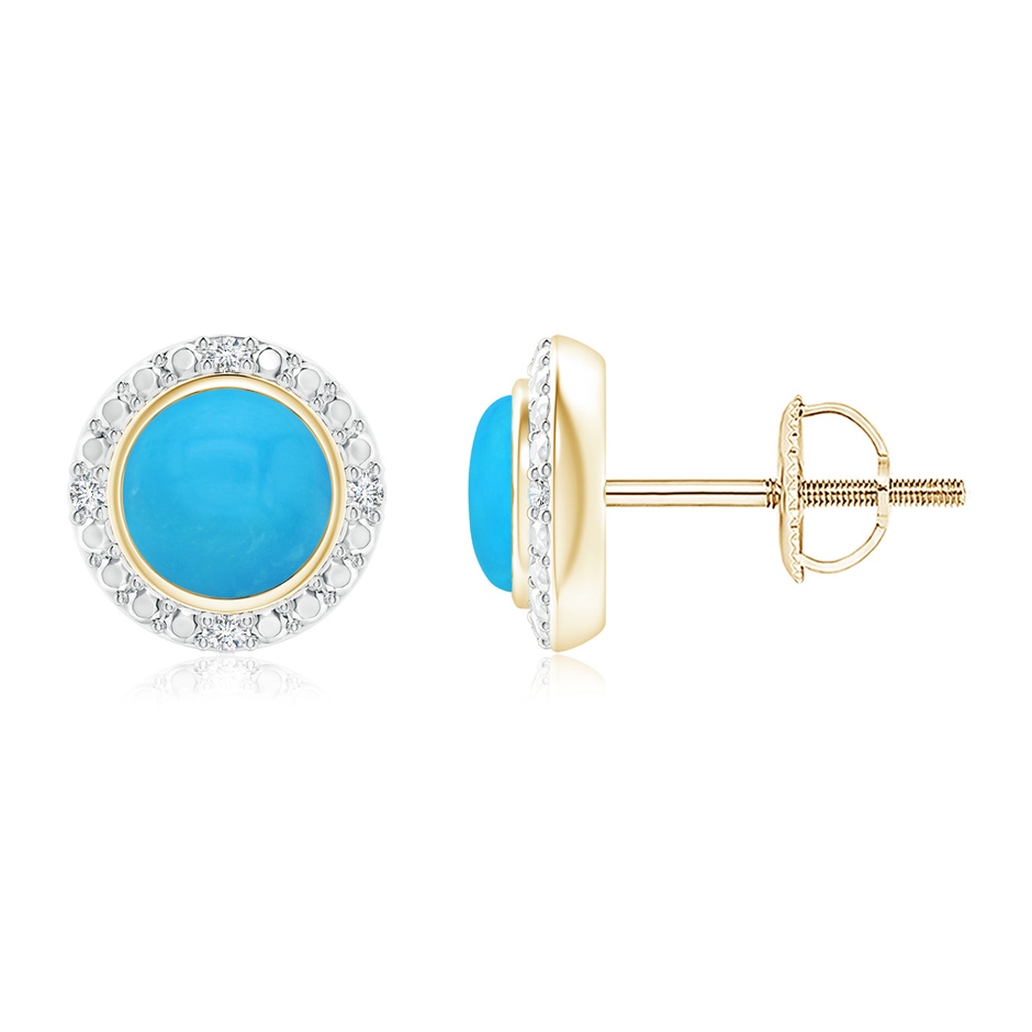 5mm AAAA Bezel-Set Round Turquoise Earrings with Beaded Halo in Yellow Gold 