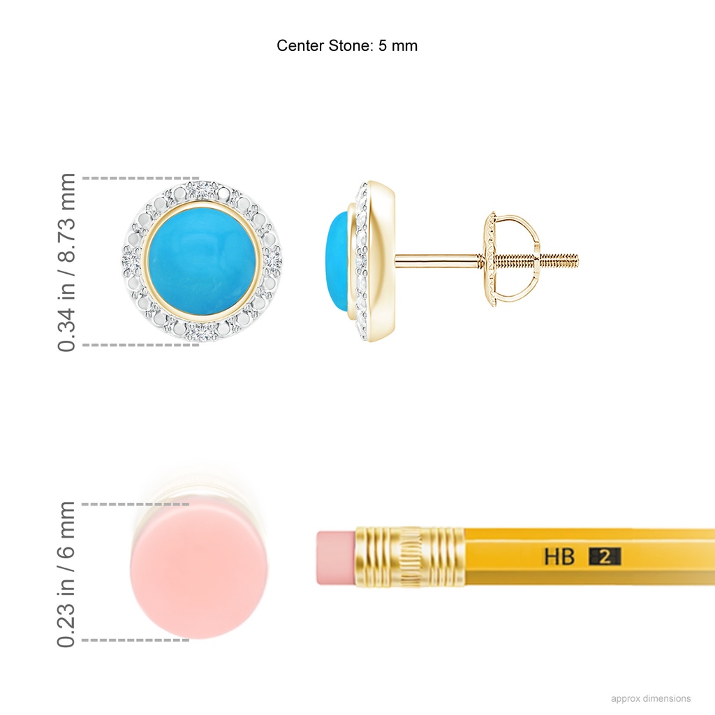 5mm AAAA Bezel-Set Round Turquoise Earrings with Beaded Halo in Yellow Gold Ruler
