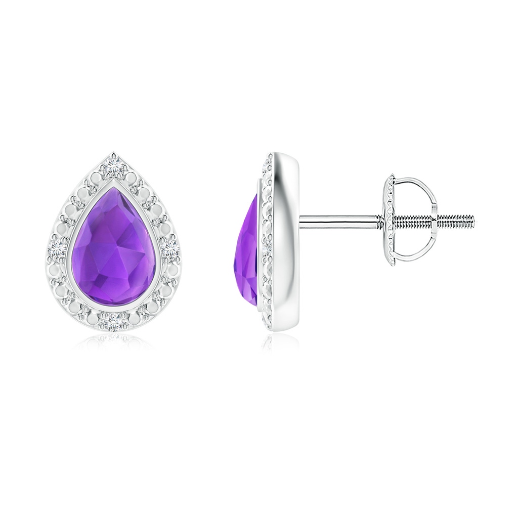 6x4mm AAA Bezel-Set Pear-Shaped Amethyst Studs with Beaded Halo in White Gold