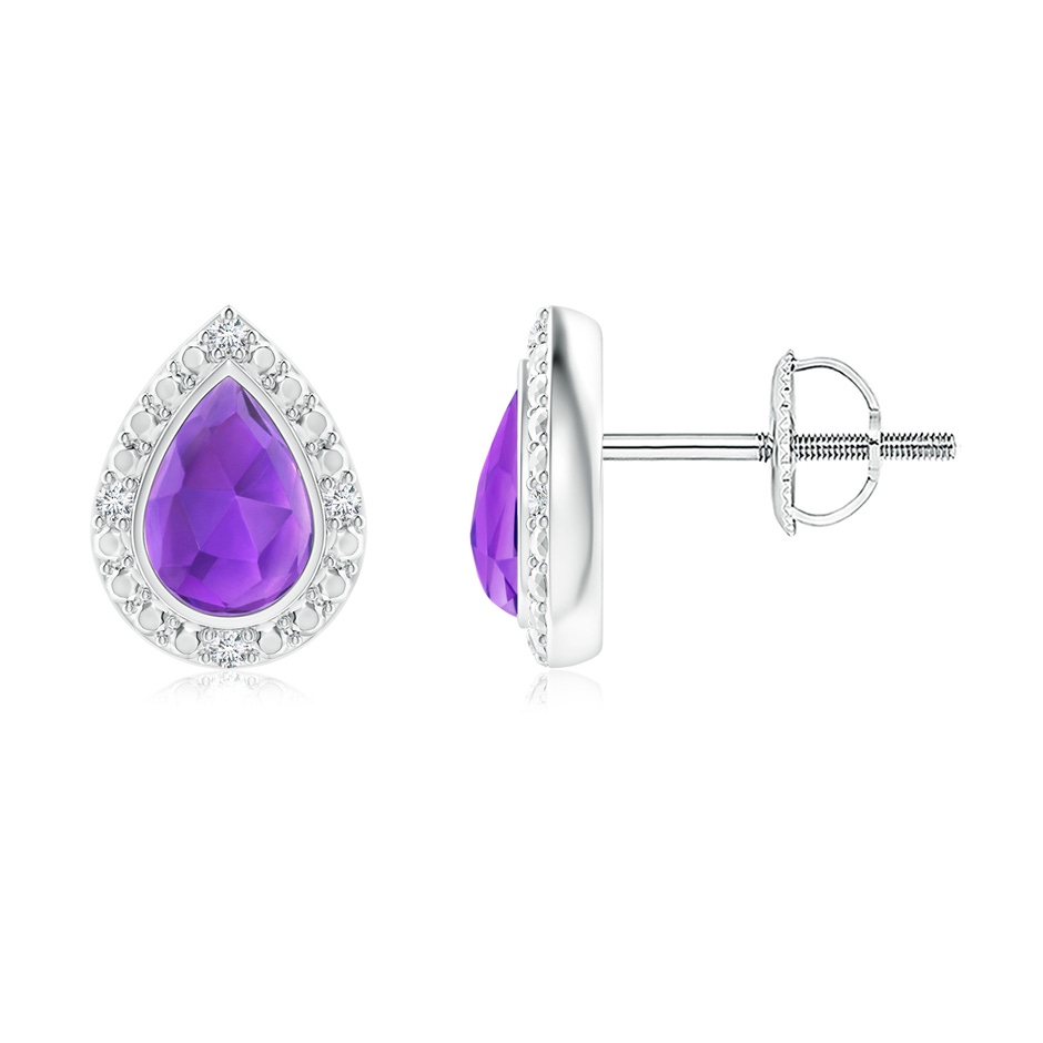 6x4mm AAA Bezel-Set Pear-Shaped Amethyst Studs with Beaded Halo in White Gold 