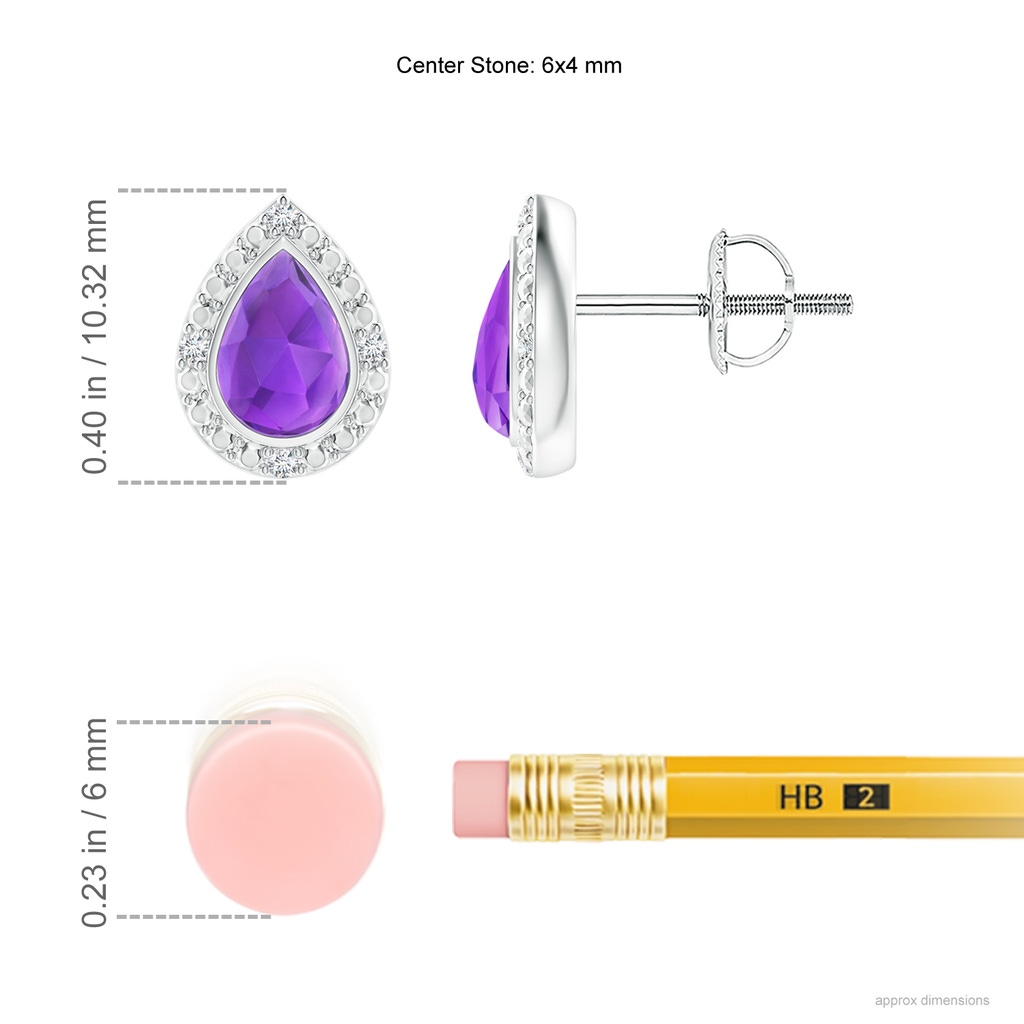 6x4mm AAA Bezel-Set Pear-Shaped Amethyst Studs with Beaded Halo in White Gold Ruler