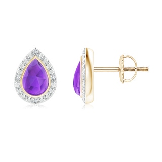 6x4mm AAA Bezel-Set Pear-Shaped Amethyst Studs with Beaded Halo in Yellow Gold