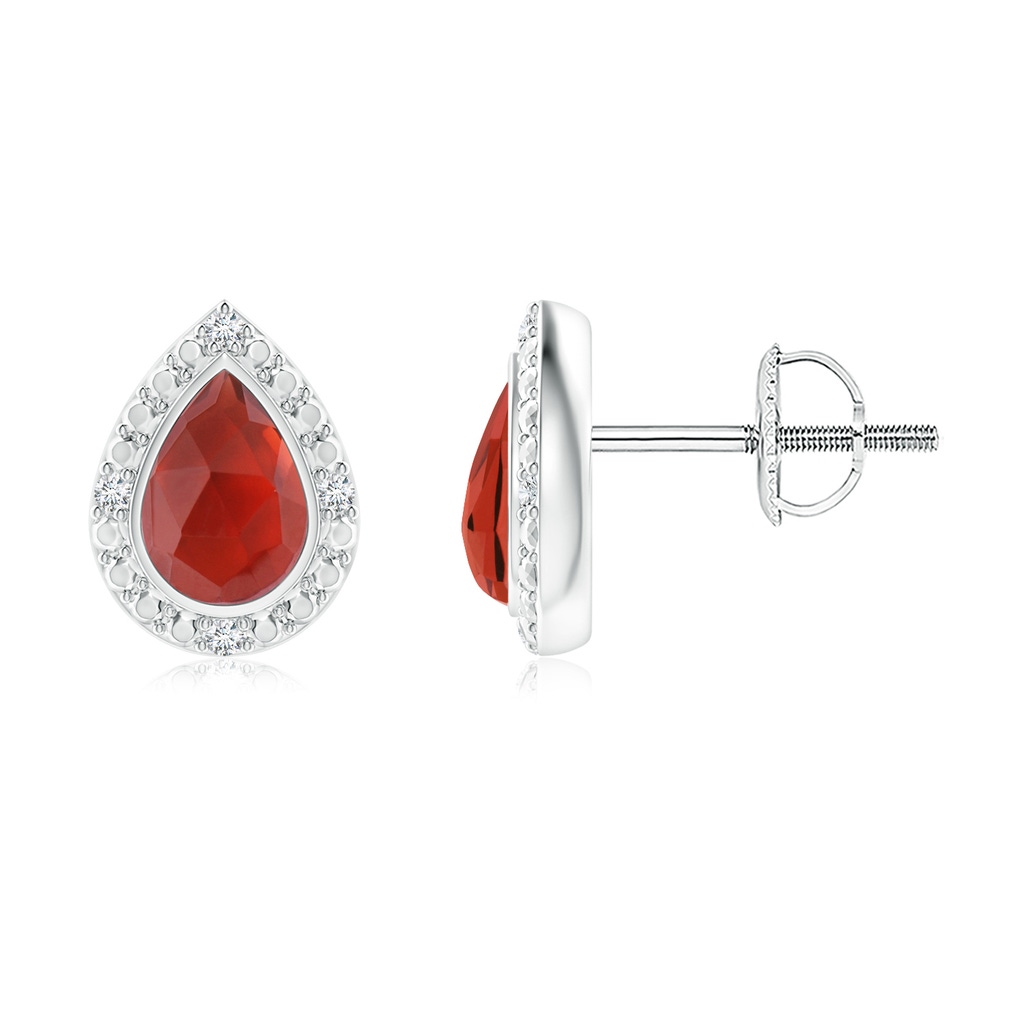 6x4mm AAA Bezel-Set Pear-Shaped Garnet Studs with Beaded Halo in White Gold