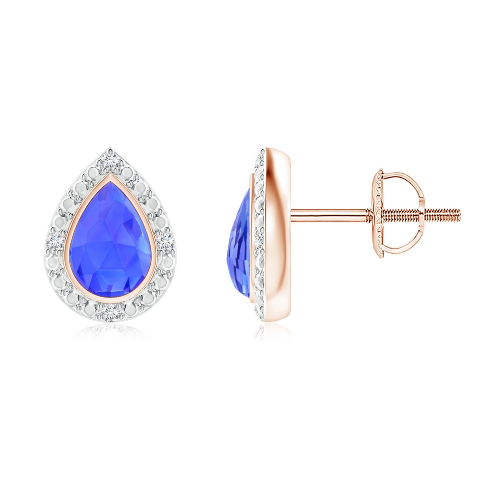 6x4mm AAA Bezel-Set Pear-Shaped Tanzanite Studs with Beaded Halo in Rose Gold