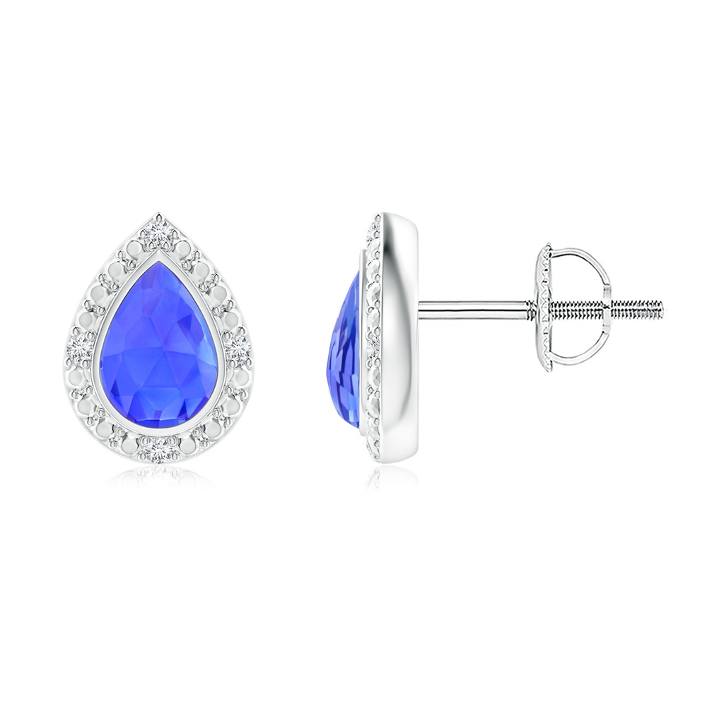 6x4mm AAA Bezel-Set Pear-Shaped Tanzanite Studs with Beaded Halo in White Gold