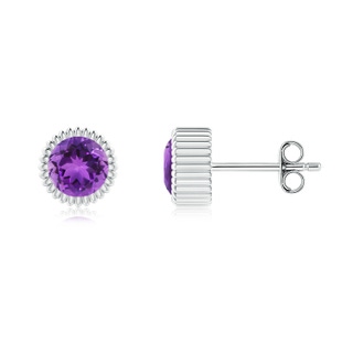 5mm AAA Bezel-Set Solitaire Round Amethyst Beaded Halo Studs in White Gold