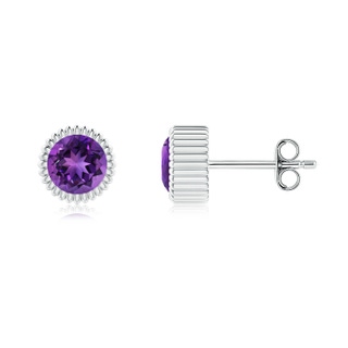 5mm AAAA Bezel-Set Solitaire Round Amethyst Beaded Halo Studs in White Gold