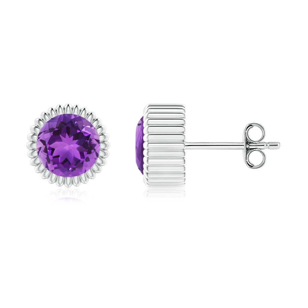 6mm AAA Bezel-Set Solitaire Round Amethyst Beaded Halo Studs in White Gold 