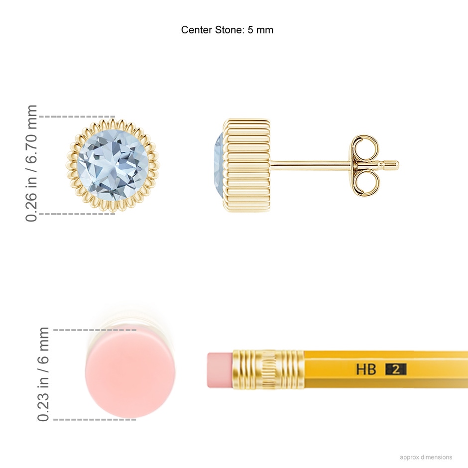 5mm A Bezel-Set Solitaire Round Aquamarine Beaded Halo Studs in Yellow Gold ruler