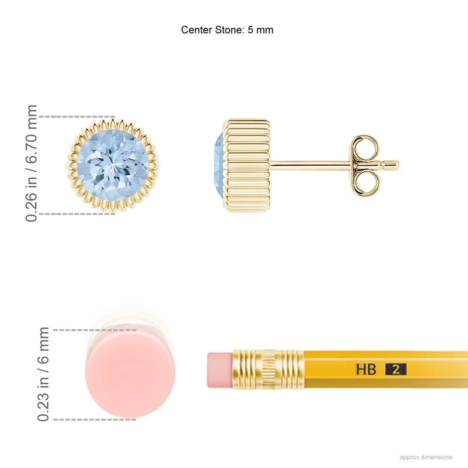 5mm AA Bezel-Set Solitaire Round Aquamarine Beaded Halo Studs in Yellow Gold ruler