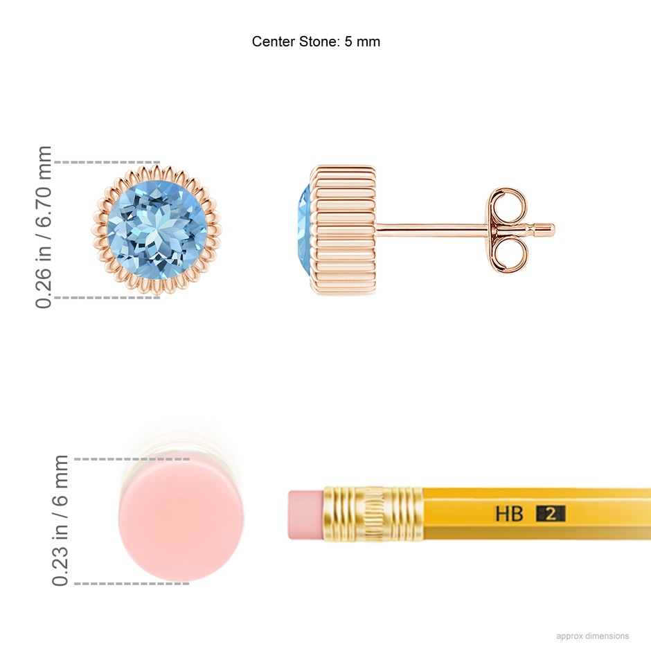 5mm AAAA Bezel-Set Solitaire Round Aquamarine Beaded Halo Studs in Rose Gold ruler