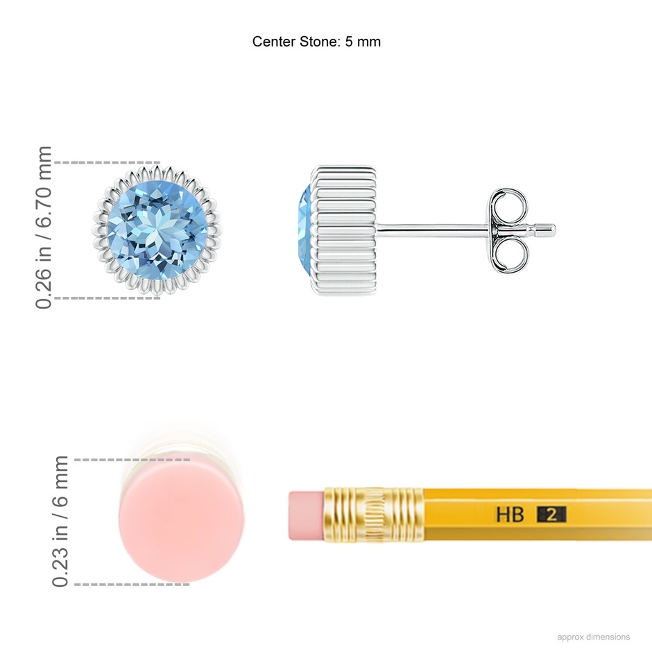5mm AAAA Bezel-Set Solitaire Round Aquamarine Beaded Halo Studs in White Gold ruler