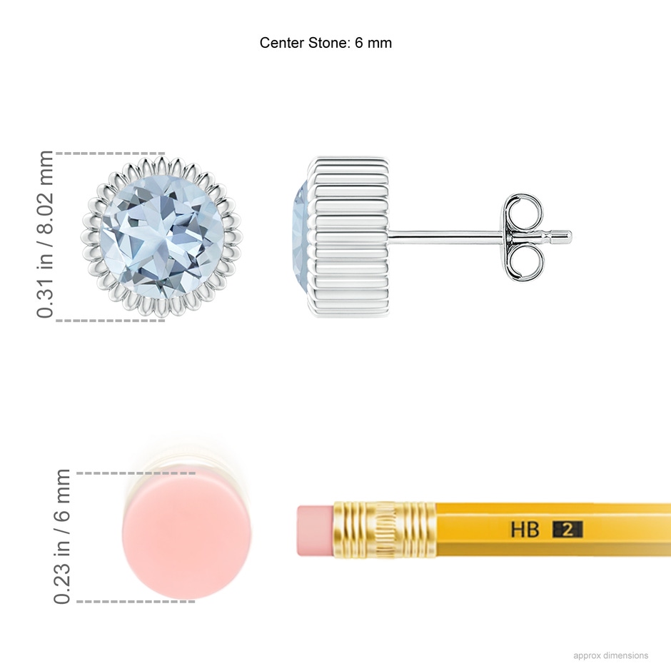 6mm A Bezel-Set Solitaire Round Aquamarine Beaded Halo Studs in White Gold ruler