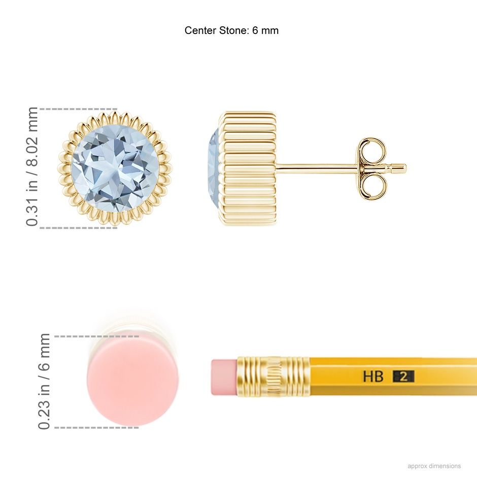 6mm A Bezel-Set Solitaire Round Aquamarine Beaded Halo Studs in Yellow Gold ruler