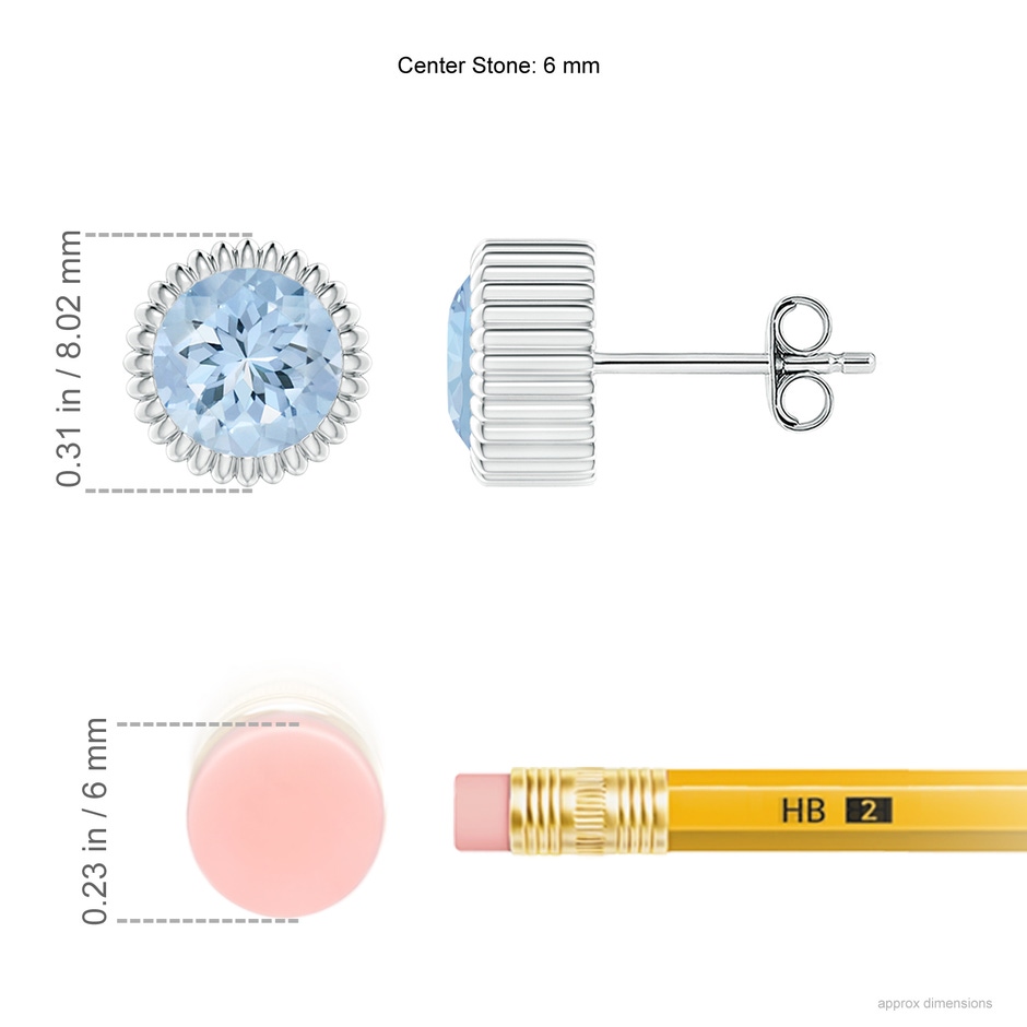 6mm AA Bezel-Set Solitaire Round Aquamarine Beaded Halo Studs in White Gold ruler
