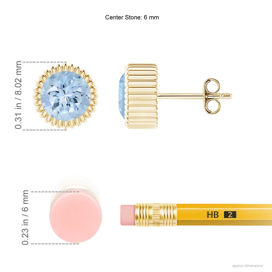 6mm AA Bezel-Set Solitaire Round Aquamarine Beaded Halo Studs in Yellow Gold ruler