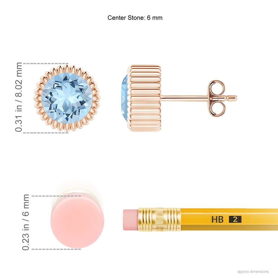 6mm AAA Bezel-Set Solitaire Round Aquamarine Beaded Halo Studs in Rose Gold ruler