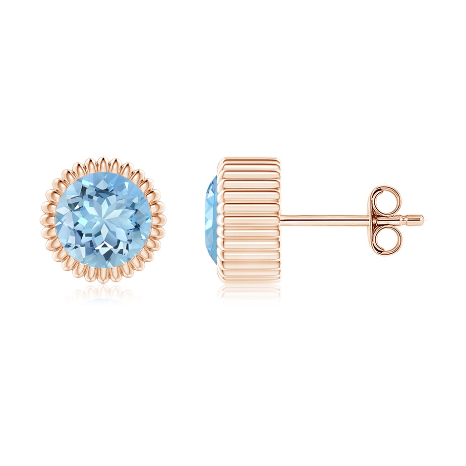 6mm AAAA Bezel-Set Solitaire Round Aquamarine Beaded Halo Studs in Rose Gold 