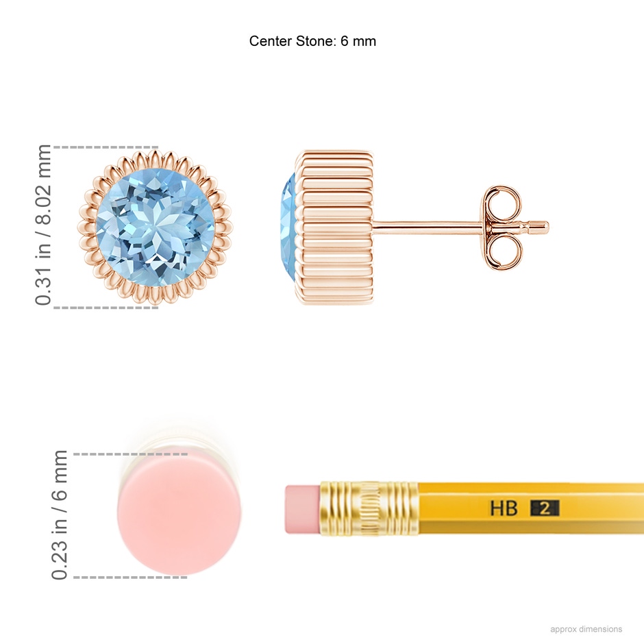 6mm AAAA Bezel-Set Solitaire Round Aquamarine Beaded Halo Studs in Rose Gold ruler