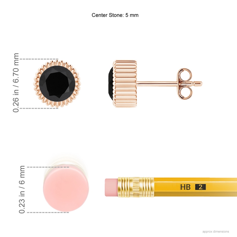 5mm AAA Bezel-Set Solitaire Round Black Onyx Beaded Halo Studs in Rose Gold ruler