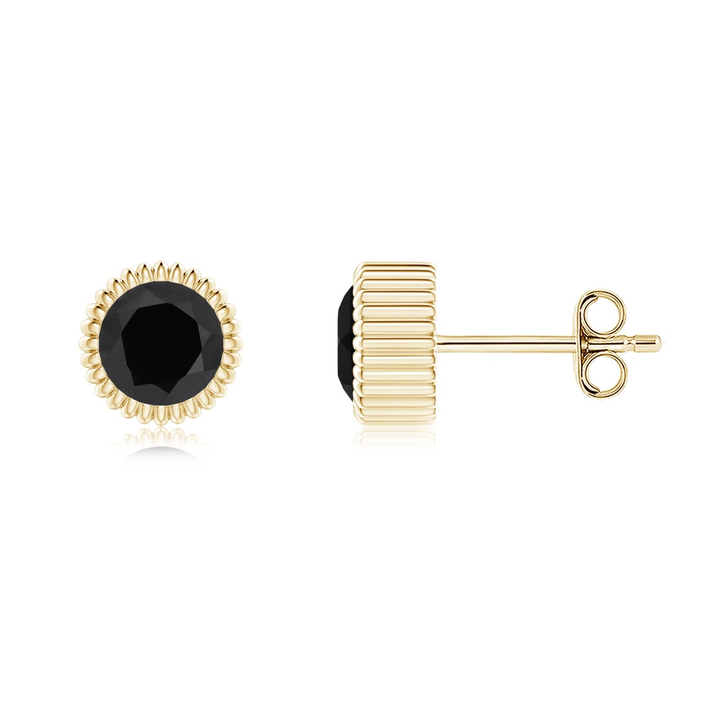5mm AAA Bezel-Set Solitaire Round Black Onyx Beaded Halo Studs in Yellow Gold