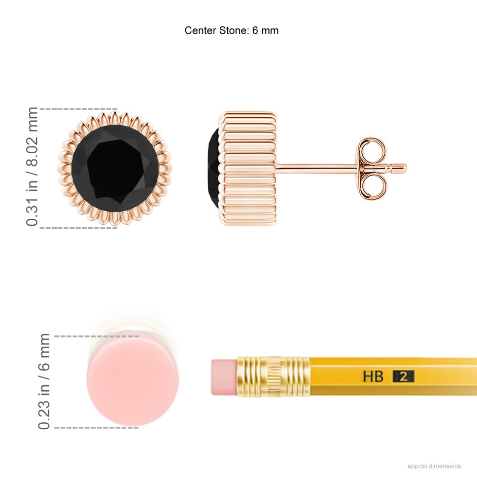 6mm AAA Bezel-Set Solitaire Round Black Onyx Beaded Halo Studs in Rose Gold ruler