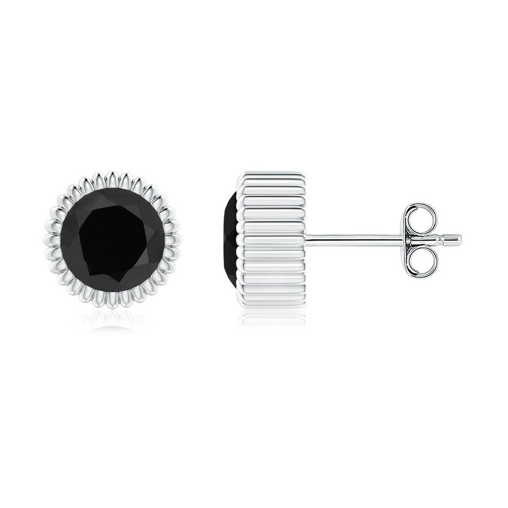 6mm AAA Bezel-Set Solitaire Round Black Onyx Beaded Halo Studs in White Gold