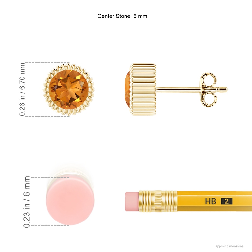 5mm AAA Bezel-Set Solitaire Round Citrine Beaded Halo Studs in Yellow Gold Ruler