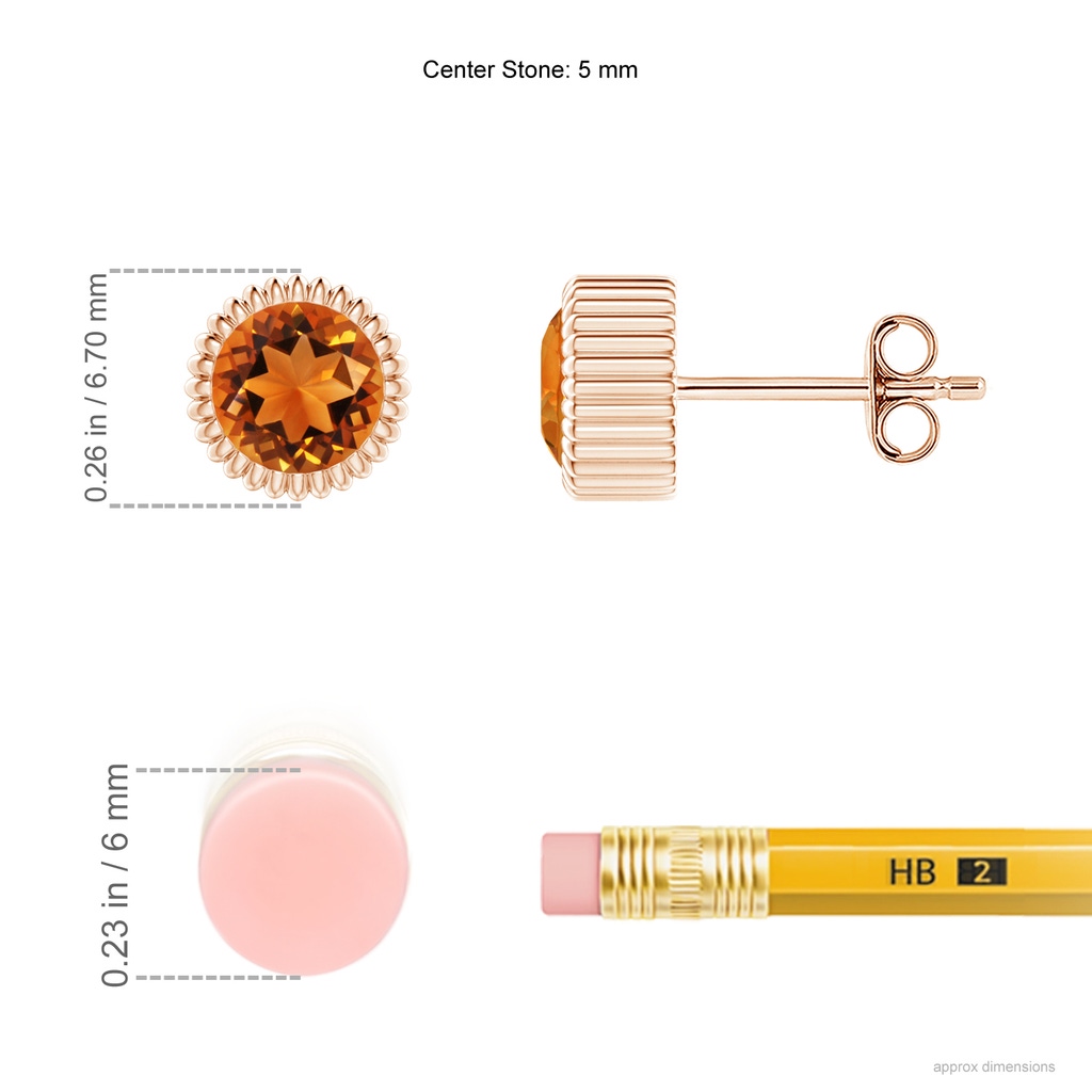 5mm AAAA Bezel-Set Solitaire Round Citrine Beaded Halo Studs in Rose Gold Ruler