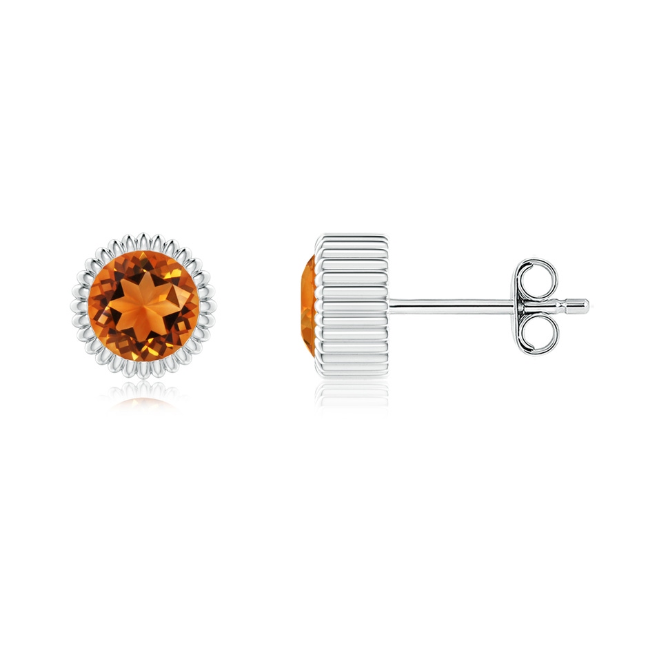 5mm AAAA Bezel-Set Solitaire Round Citrine Beaded Halo Studs in White Gold 