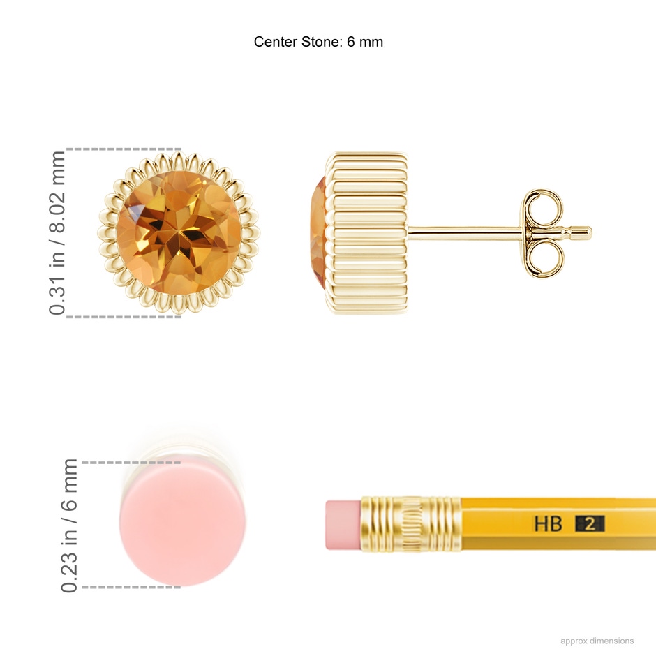 6mm AA Bezel-Set Solitaire Round Citrine Beaded Halo Studs in Yellow Gold ruler