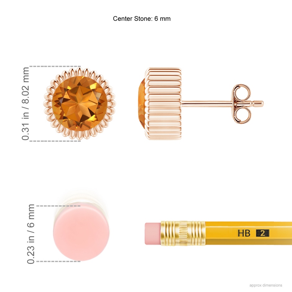 6mm AAA Bezel-Set Solitaire Round Citrine Beaded Halo Studs in Rose Gold ruler