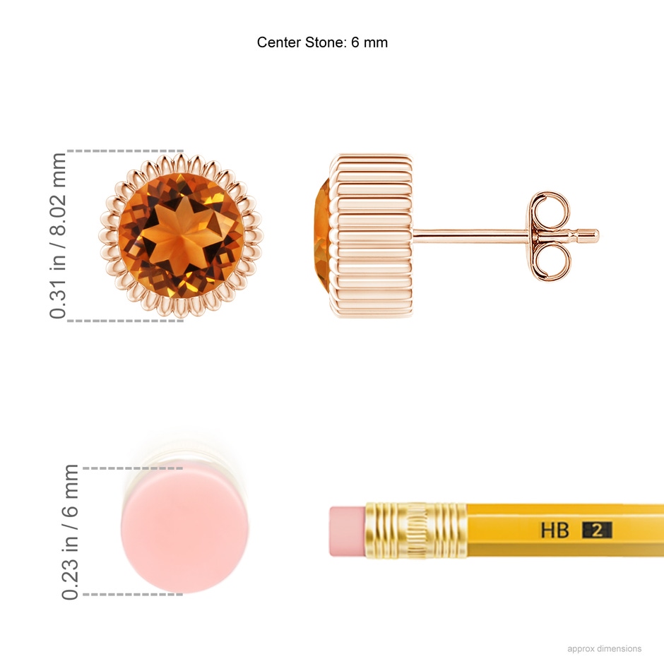 6mm AAAA Bezel-Set Solitaire Round Citrine Beaded Halo Studs in Rose Gold ruler
