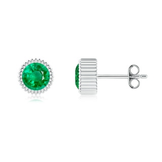 5mm AAA Bezel-Set Solitaire Round Emerald Beaded Halo Studs in White Gold