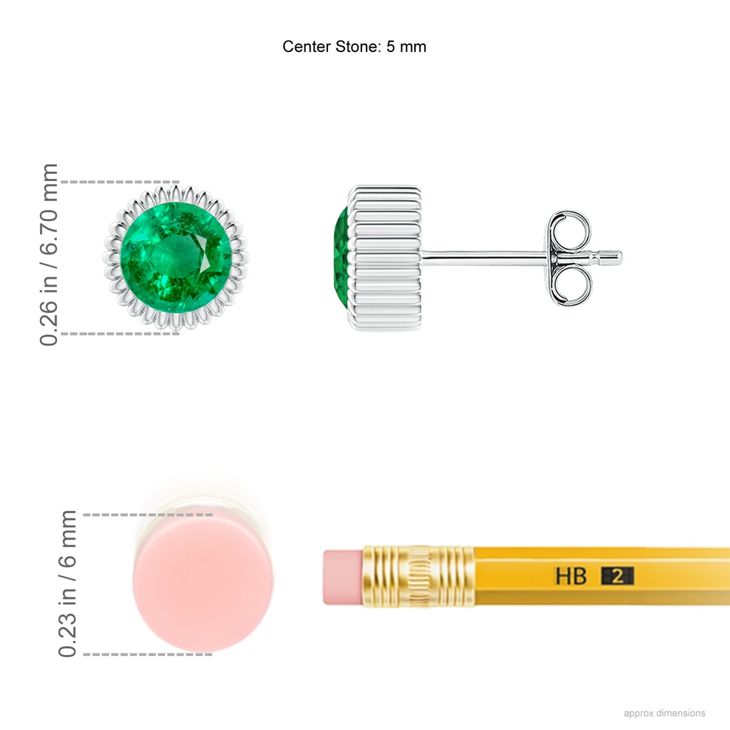 5mm AAA Bezel-Set Solitaire Round Emerald Beaded Halo Studs in White Gold Ruler