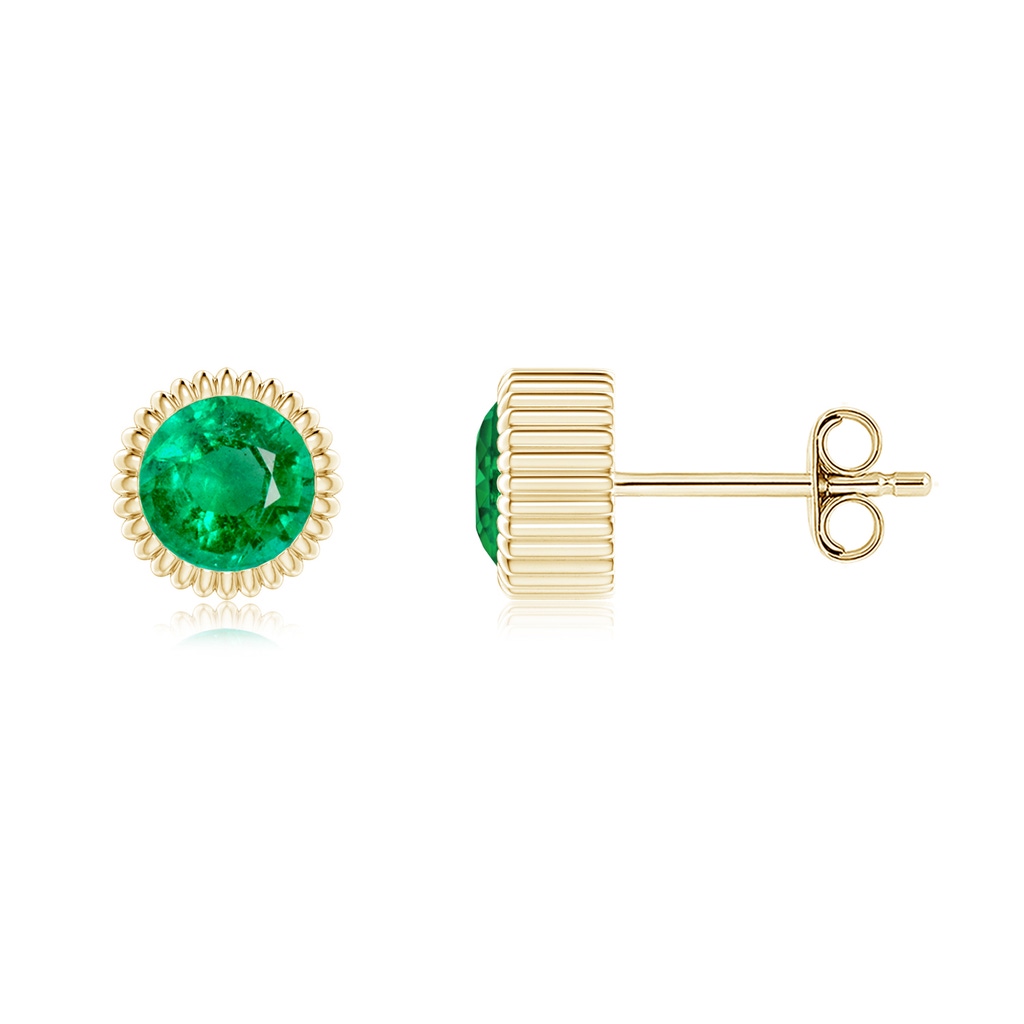 5mm AAA Bezel-Set Solitaire Round Emerald Beaded Halo Studs in Yellow Gold